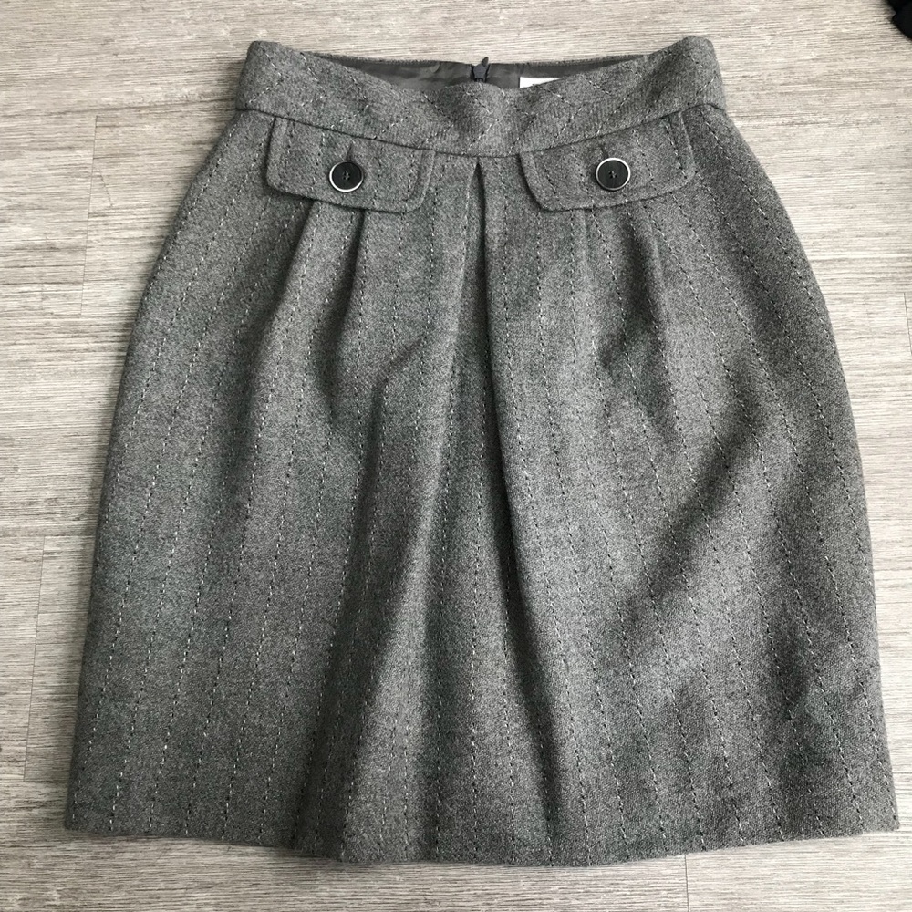 Trina Turk Grey Pinstripe Pleated Wool Skirt, Sz 0